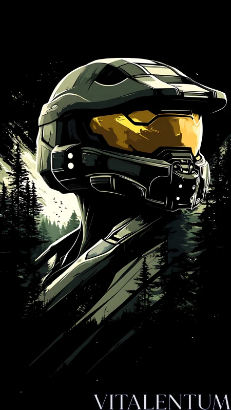 Armored helmet profile in stylized conifer forest setting.