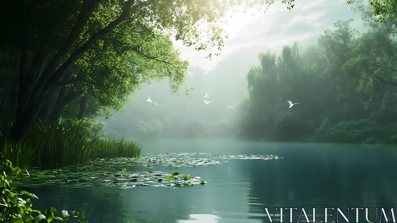 Morning hush over a misty lily pond nestled in forest shade.