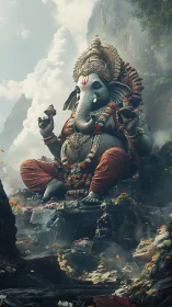 Majestic mountain Ganesha idol with lush misty valley setting.