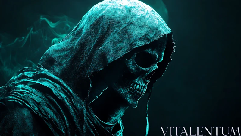 Hooded skeletal reaper rendered in cyan backlit digital chiaroscuro