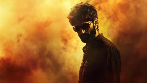 Cinematic portrait against fiery atmospheric smoke field.