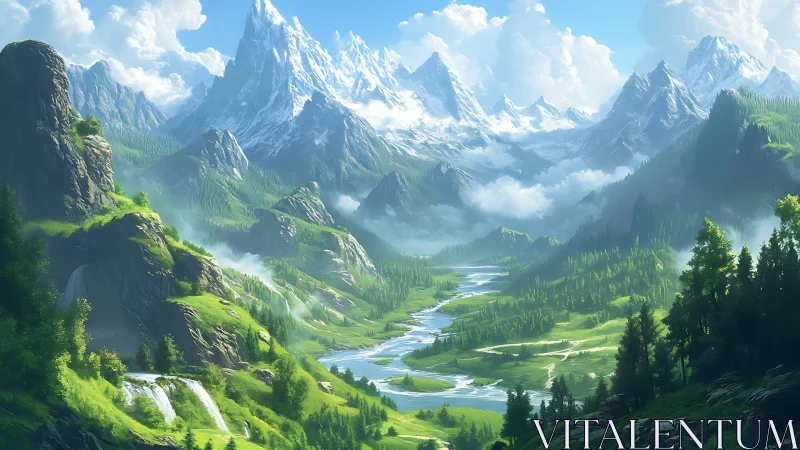 Mountain valley landscape with river and distant snow peaks.