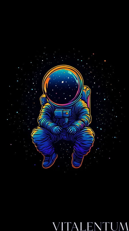 Neon astronaut drifts alone in deep cosmic void.
