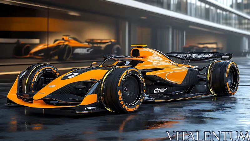 Futuristic orange hypercar with aerodynamic race tuning in studio.