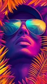 Neon tropical portrait with mirrored gradient sunglasses.