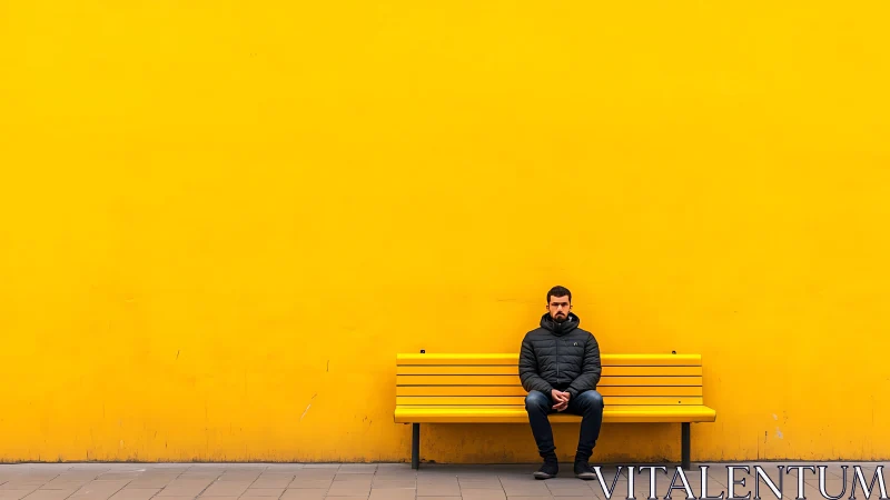 Solitary figure anchors a vast yellow minimalist universe.