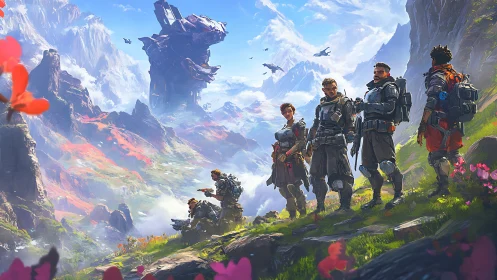 Explorers in armored suits survey a vivid alien valley landscape.