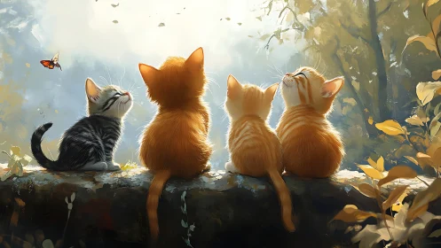 Four Kittens Observing Autumn Butterflies in Woodland Setting.