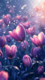 Backlit tulips rendered with bokeh depth effects and luminescent particle diffusion