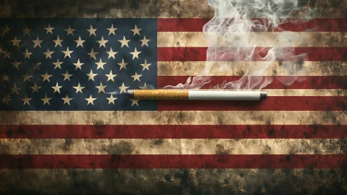 Smoking cigarette superimposed on distressed US flag backdrop.