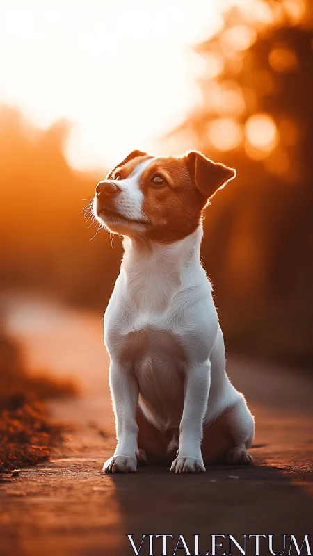 Sunlit terrier sentinel soaking in molten golden dusk glow.