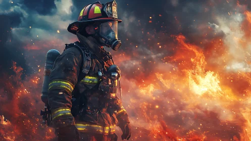 Firefighter in heavy protective gear stands amid intense flames.