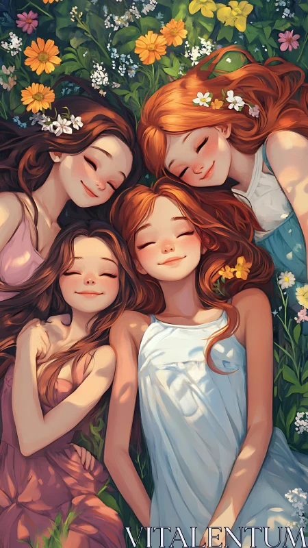 Sunlit friends dreaming together in a wildflower meadow.