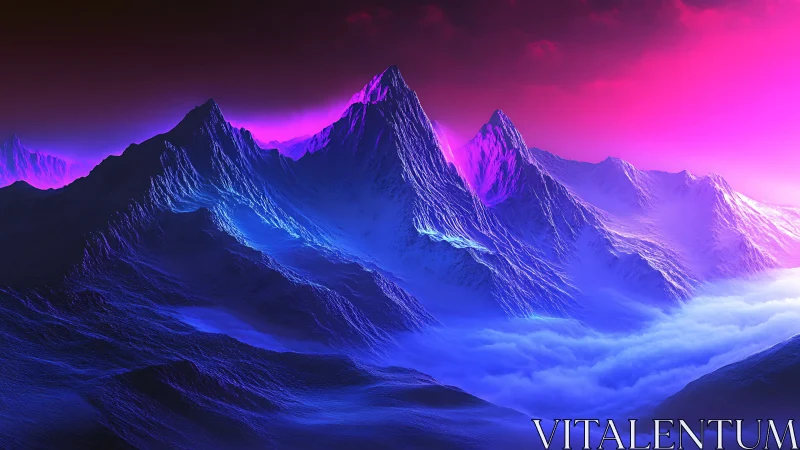 Neon-illuminated alpine ridge under volumetric fog gradients