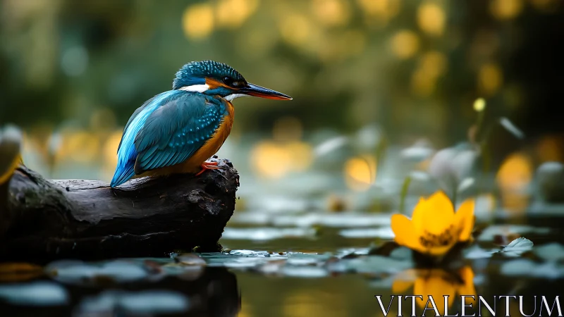 Vibrant kingfisher on log in dreamy pond with soft bokeh effect.