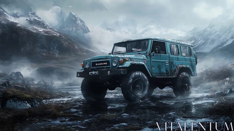Off-road teal SUV crossing cold, wet mountain valley.