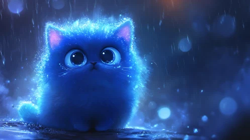 Glowing blue kitten brightens a rainy night with soft magic.