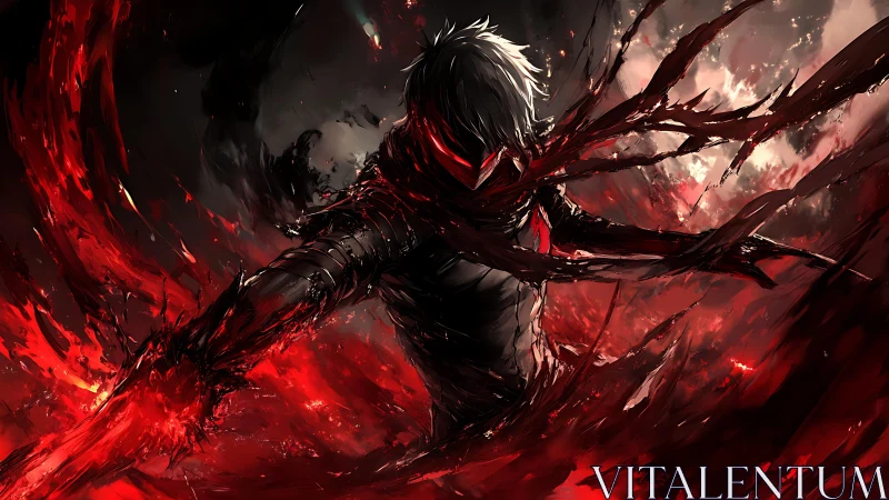 Dark figure stands amid abstract red energy streams