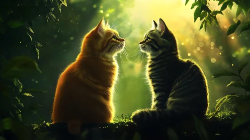 Two Cats Meet in Enchanted Forest Glow