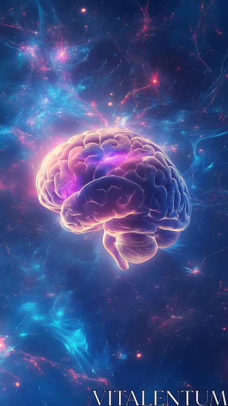 Luminous neural brain model floats in nebular deep space field