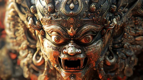 Ornate demonic metal mask with intense carved expression.