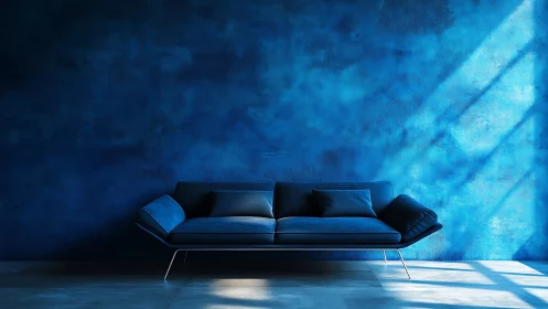 Sunlit blue lounge sofa against dreamy textured wall.