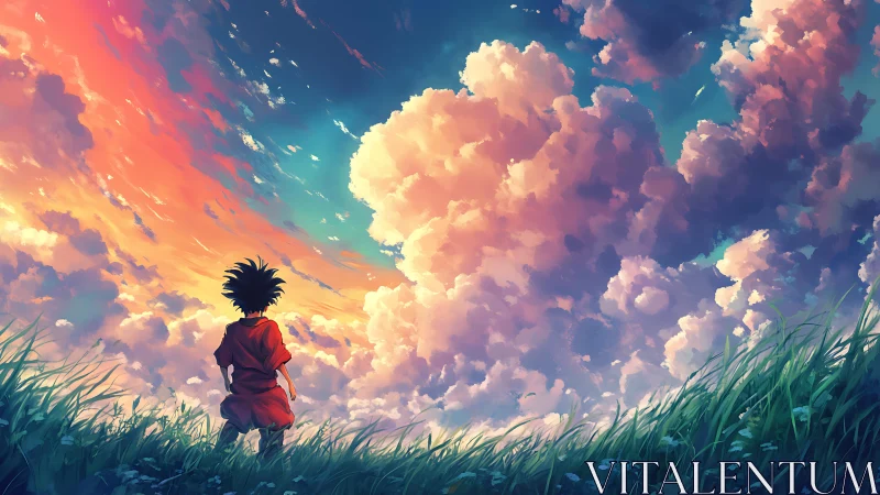 Sky-drenched dreamer under fireworks of cotton clouds.