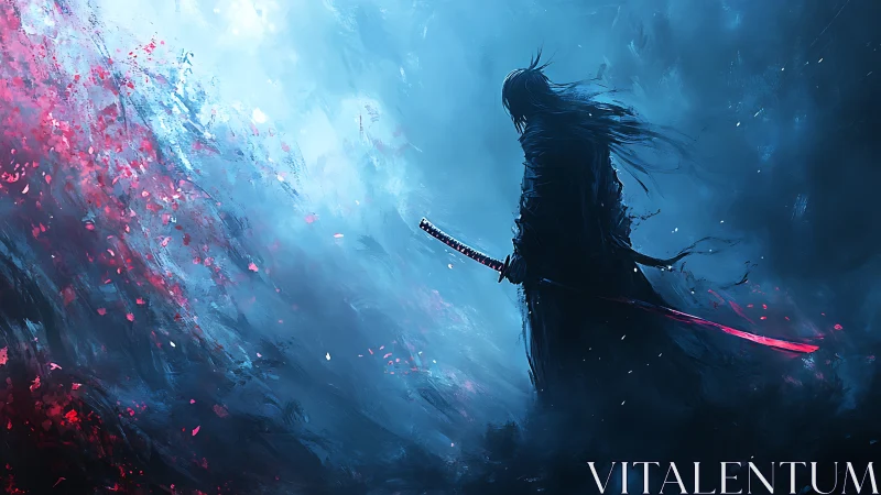 Silhouetted swordsman stands in blue mist with red blossom field