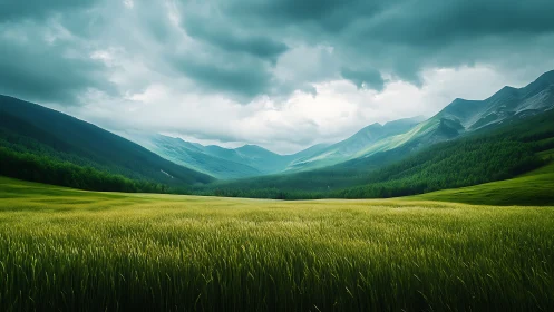 Stormlit mountain valley with vivid green wheat fields.