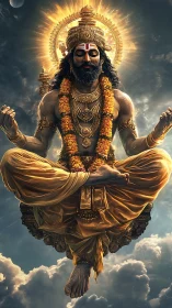 Seated divine figure in golden attire above layered clouds.