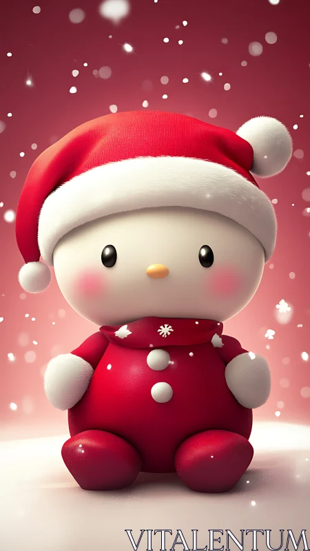 Minimalist snowman toy in red Santa outfit with snowfall.