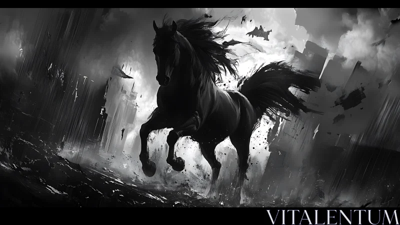 Black horse charging through collapsing cityscape scene.