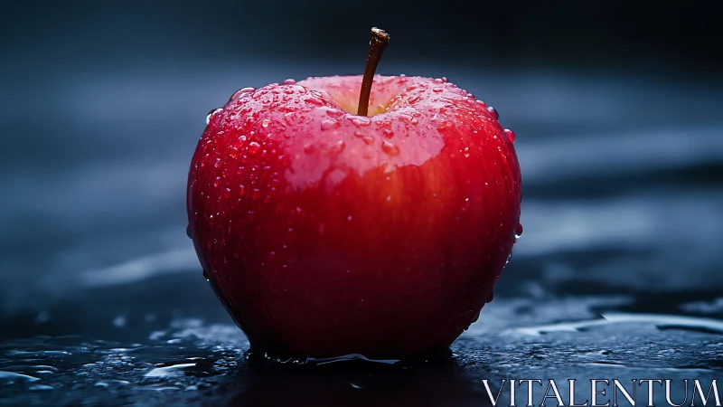 Red apple macro study with dewy surface on dark backdrop.