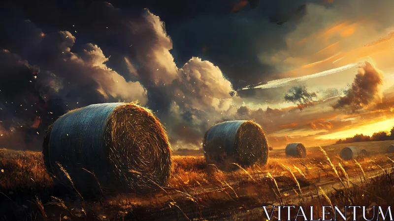 Digital painting of stormlit hay bales in cinematic rural field.