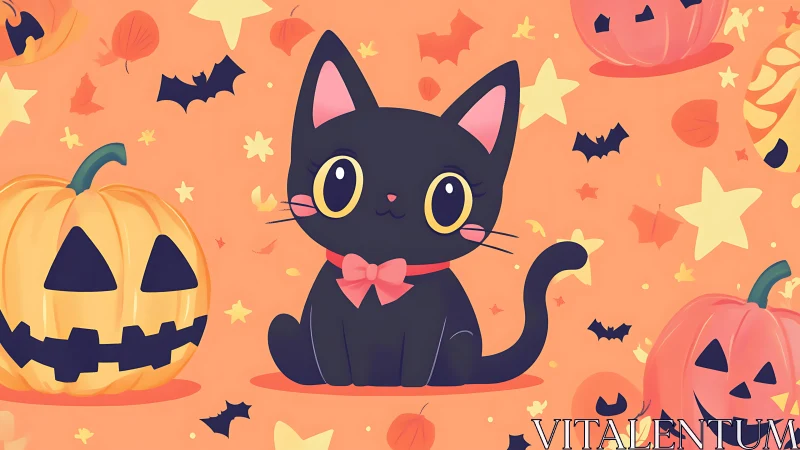 Halloween Black Cat With Pumpkins and Bats Illustration.