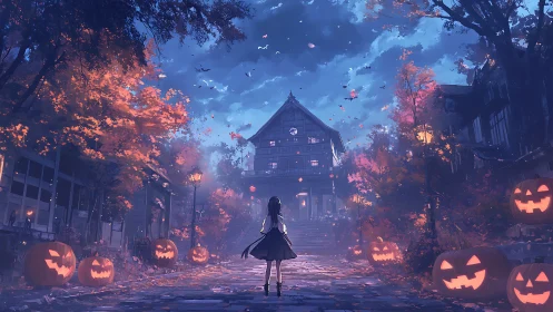 Girl walks toward haunted house along glowing pumpkins