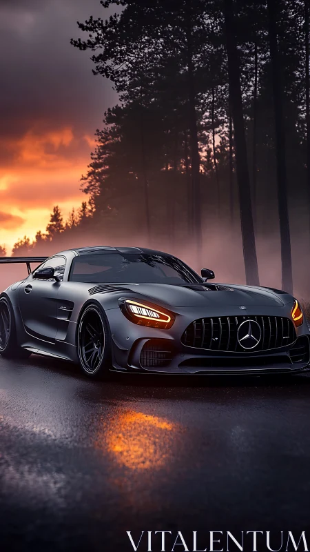 Sports coupe on wet forest road at sunset in profile view.