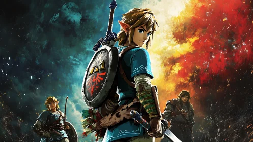 Triptych of cel-shaded fantasy warriors amid bifurcated sky.