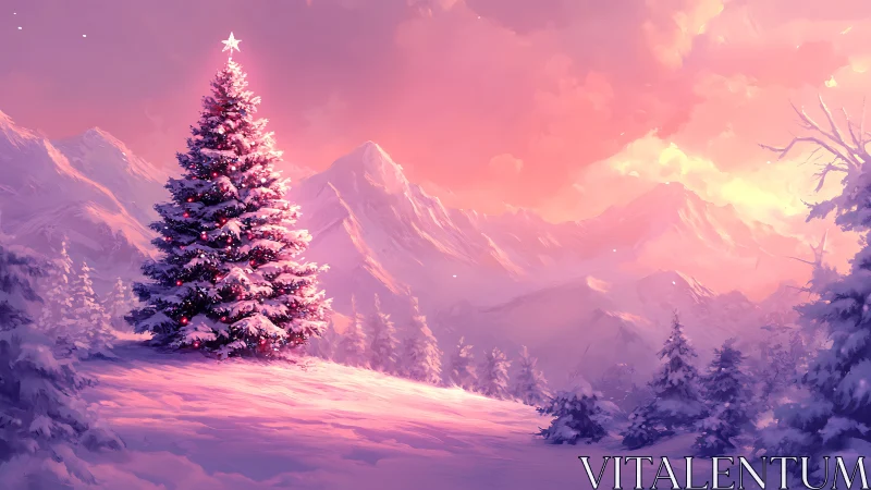 Snowy Christmas tree glowing beneath a rose winter sky.
