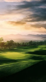 Sunrise fairway waves under whispering mountain light.