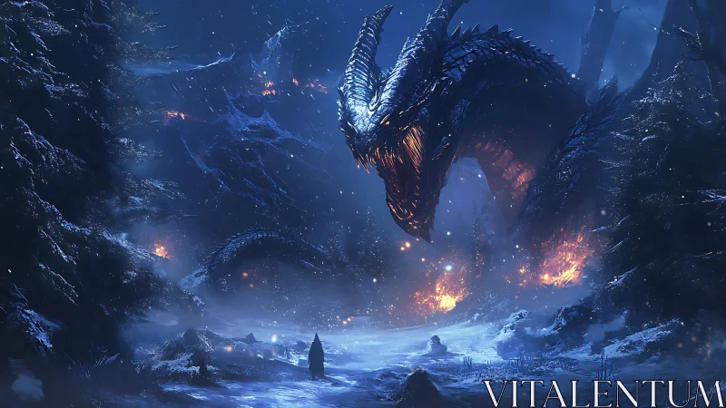 Colossal frost dragon looming over burning winter forest.
