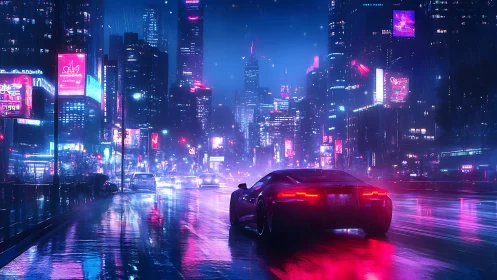 Cyberpunk sports car cruising neon city in rain-soaked night.
