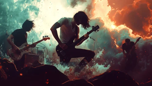 Rock band unleashes explosive performance amid stormy flames.