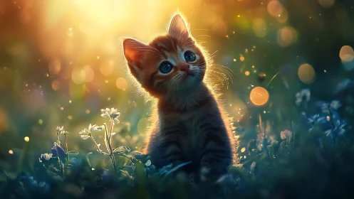 Young Kitten Illuminated in Golden Garden Light.