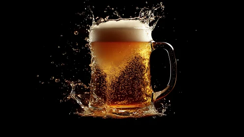 Glass beer mug with foam and splashing liquid is isolated