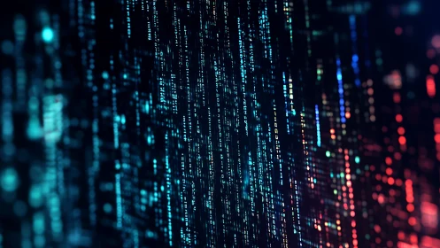 Vertical streams of digital code in blue and red light.