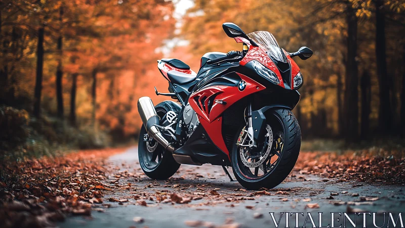 Autumn road sentinel: red superbike idling in ember leaves.