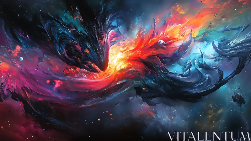 Cosmic dragons collide in a chromatic supernova ballet.