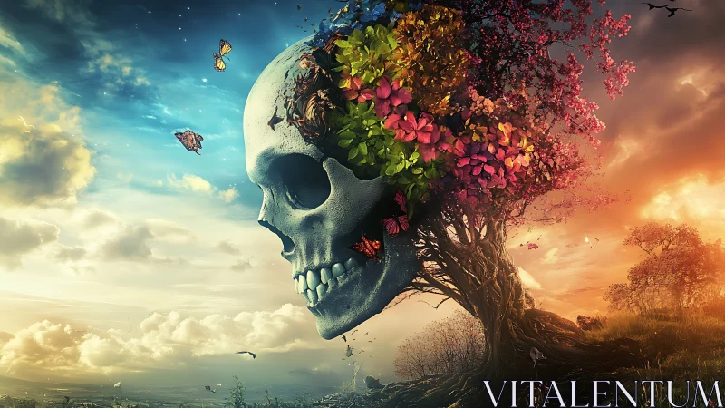 Skull tree blooms between day and night sky horizon.