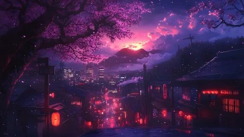 Neon lantern street under cherry blossoms at cyber dusk.